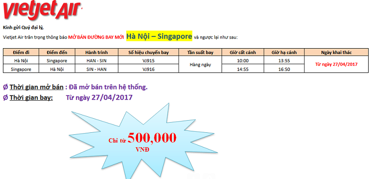 Vietjet mở bán đường bay Hà Nội – Singapore
