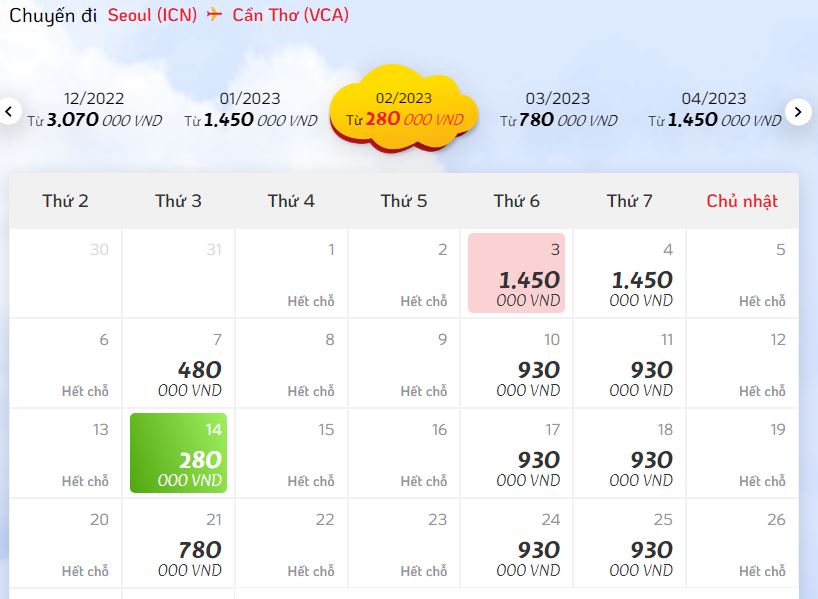 Cập nhật giá vé máy bay Seoul Cần Thơ hãng Vietjet